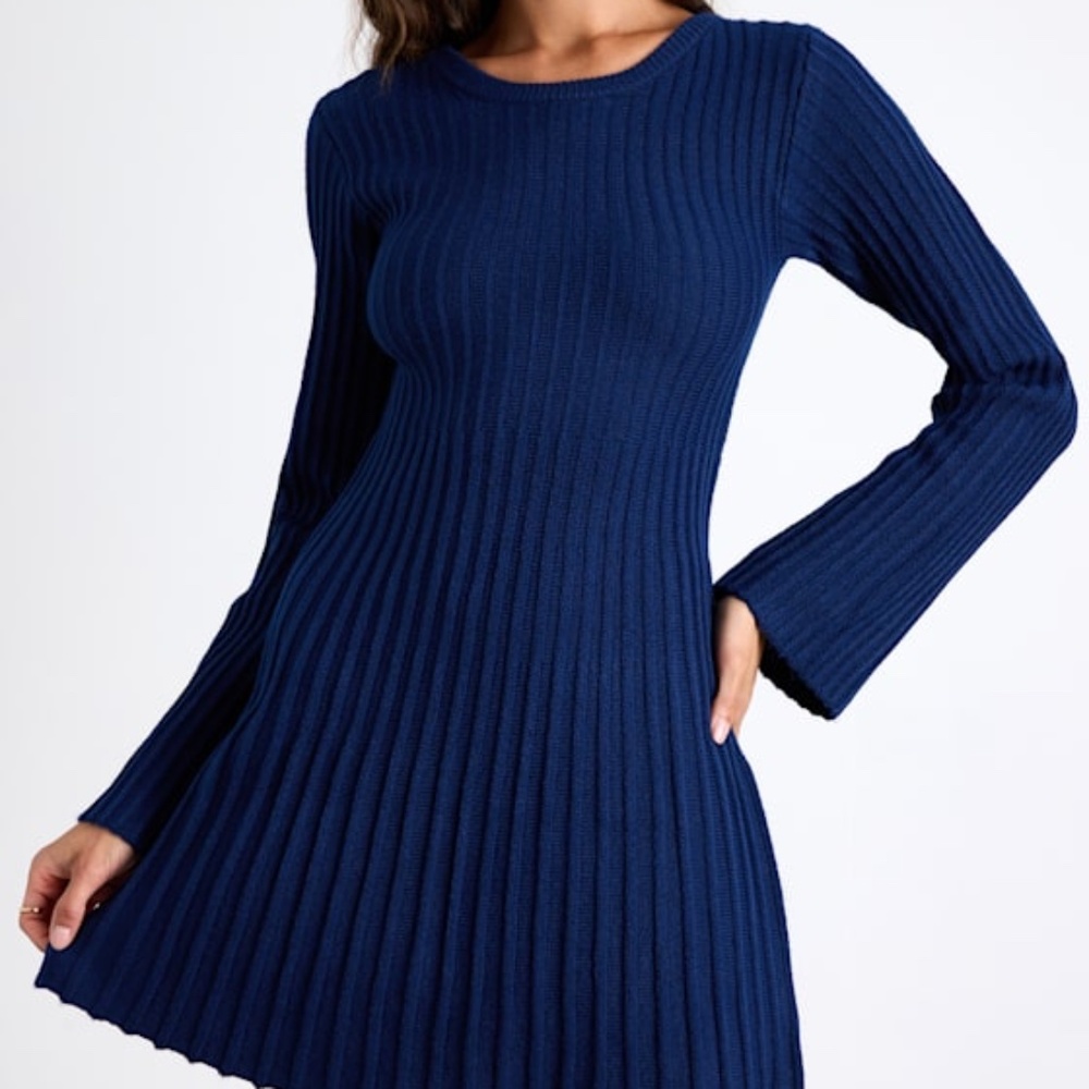 Lulus Convincing Poise Navy Ribbed Long Sleeve Skater Mini Dress Blue - Size M